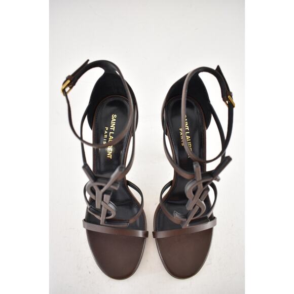 Saint Laurent Cassandra Tmoro Brown Leather YSL Logo Strappy Sandal Heel Pump 37 - Picture 10 of 15